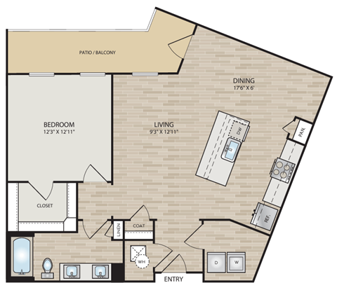 Floor plan for 1 bed, 1 bath, 889 sqft